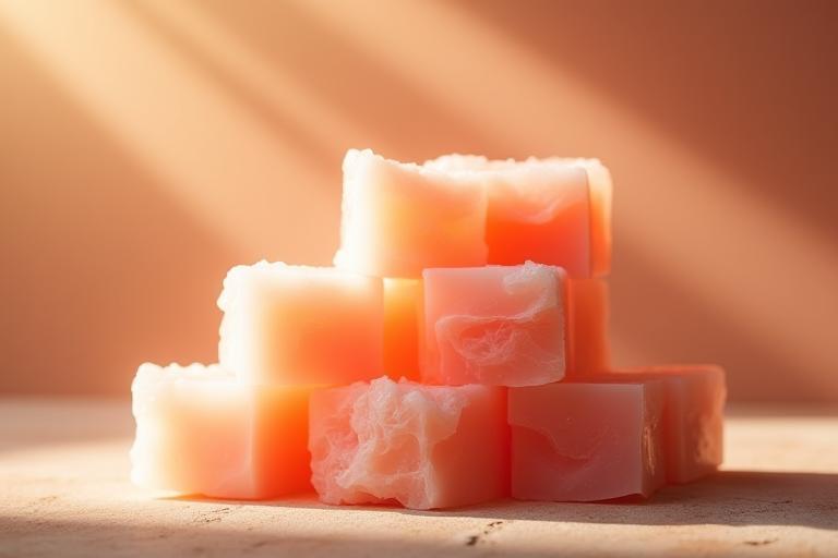 Stapel roze Himalaya-zoutblokken in zonlicht